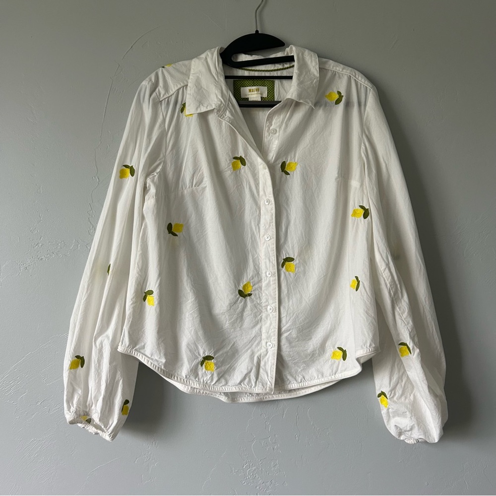 Anthropologie Maeve Embroidered Lemons Button Down Shirt Whimsy Euro Fruit